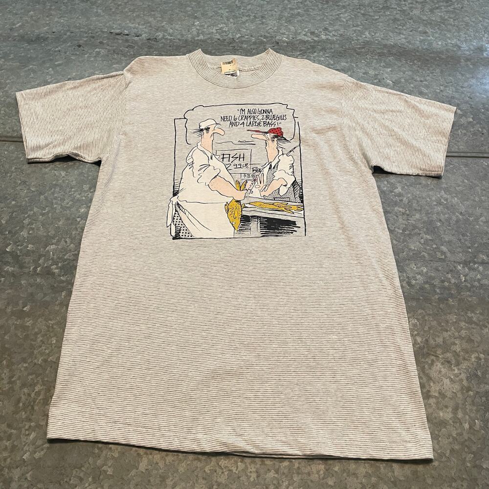 Vintage NOS Fishing Tee Shirt Mens Large Striped USA Comic Funny Dad NWT 90s